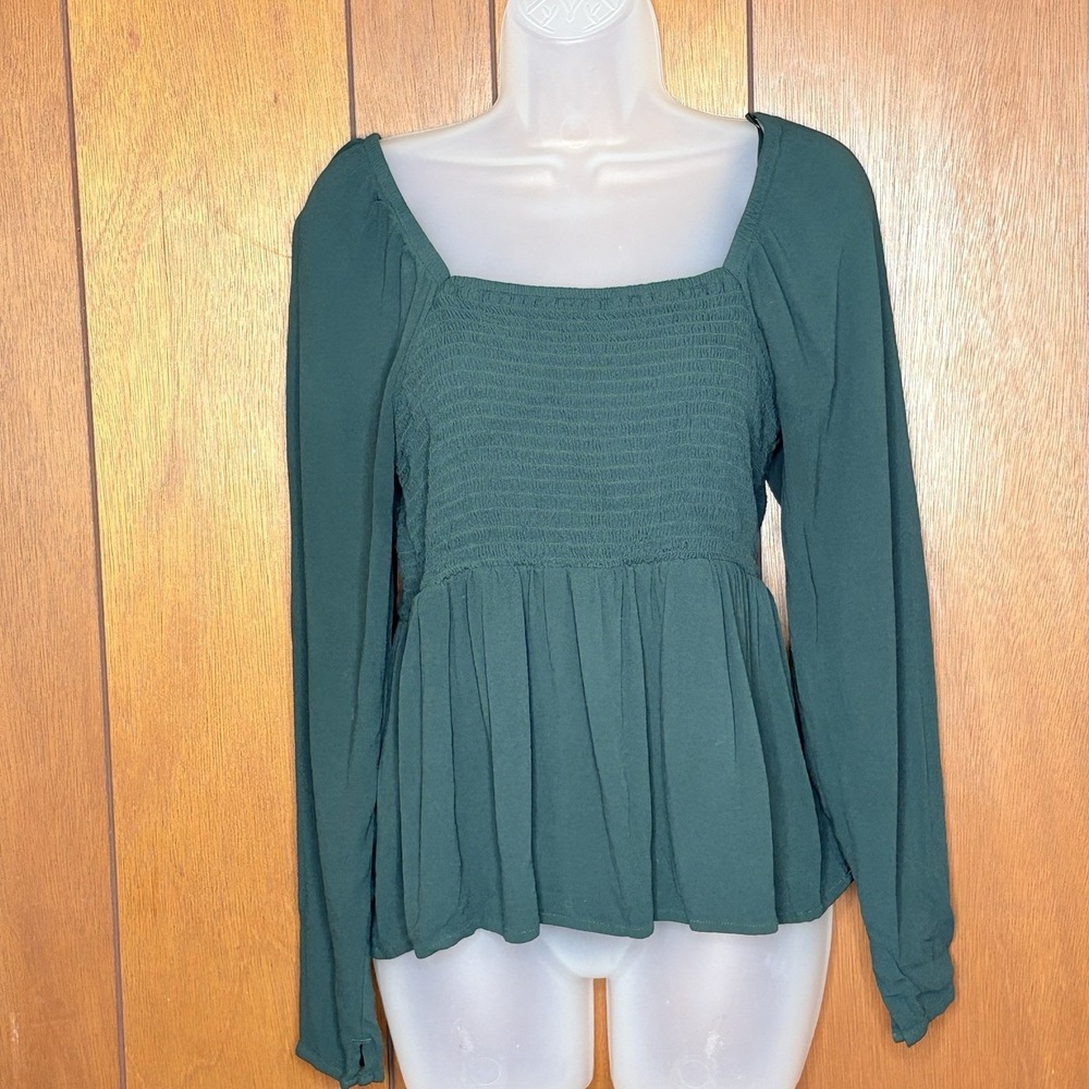 Old Navy Dark Green Smocked Square Neck Long Sleeve Blouse